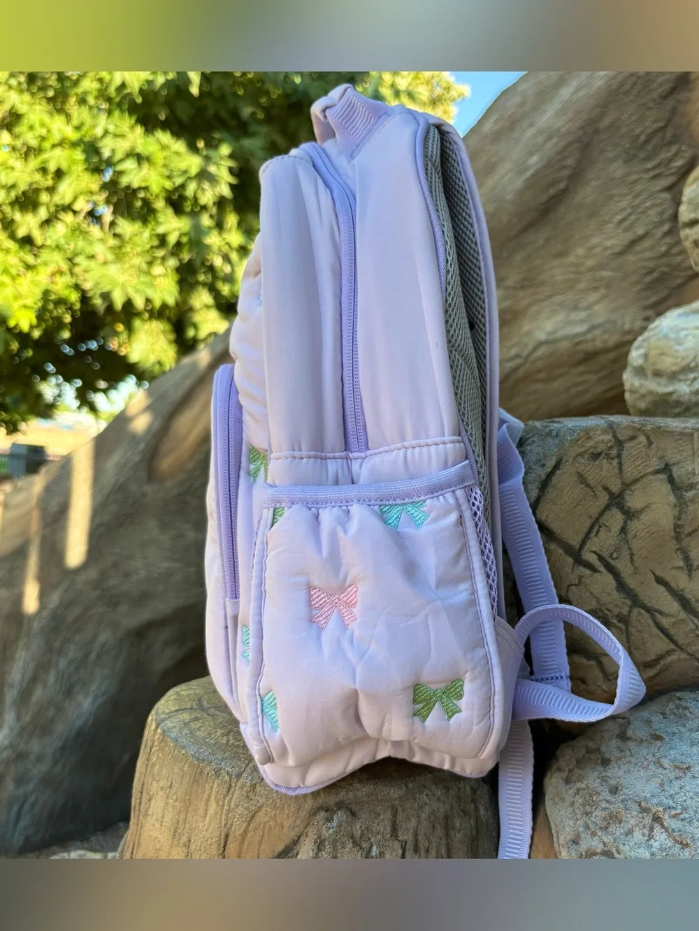 New Pottery Barn Mackenzie Puffer Lavender Bows Backpack Size Small